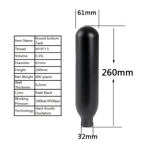 hpa 탱크 HPA 4500psi 둥근 바닥 알루미늄 실린더 M18 1.5 스레드 0.22L/0.30L/0.35L/0.45L, 0.35L, 1개