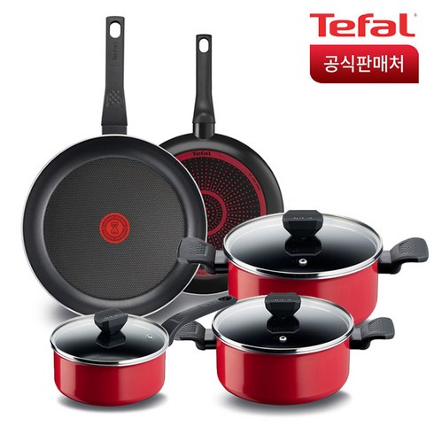 테팔 심플 프라이팬 냄비 5종 세트, 레드 + 블랙, 프라이팬 24cm + 28cm + 냄비 18cm + 20cm + 24cm