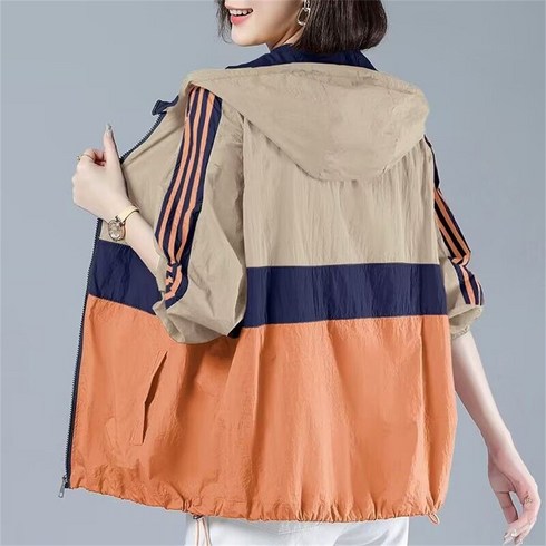 deco 60대여성린닝소재자켓 - besteffie 자켓 중년여성 봄 여름 자외선차단 바람막이 통기성 초경량 스트라이프 빅사이즈 후드재킷 C55