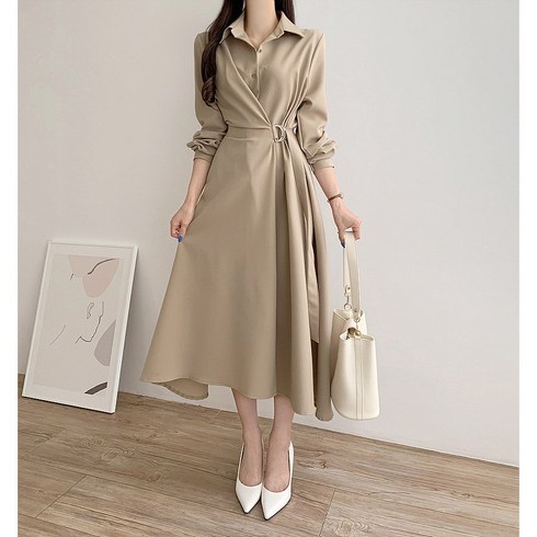 카라 셔츠 트렌치 플리츠 롱 원피스