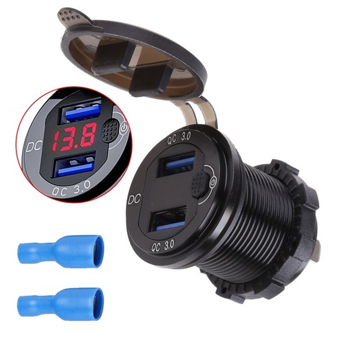 전압계가 있는 자동 전원 어댑터 12-24V 듀얼 USB QC3.0 전화 충전 소켓, 빨간.
