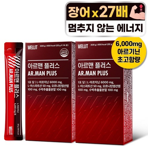 웰릿 아르맨 플러스 6000mg 고함량 아르기닌 남성 여성 활력 피로 회복, 308g, 2개
