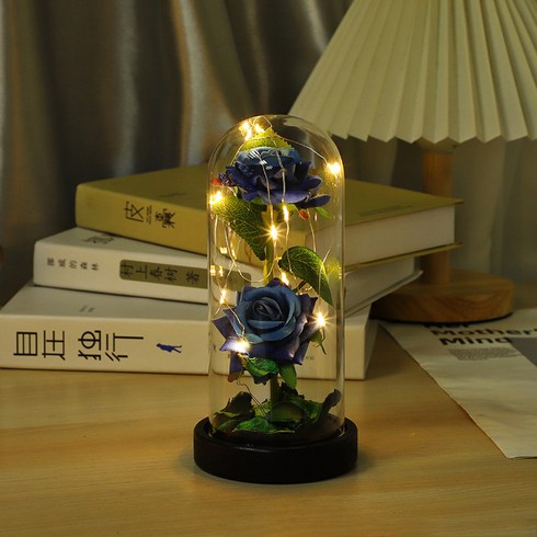 장미 유리돔 조화 미니 꽃 무드등 인테리어 LED 조명, 블루