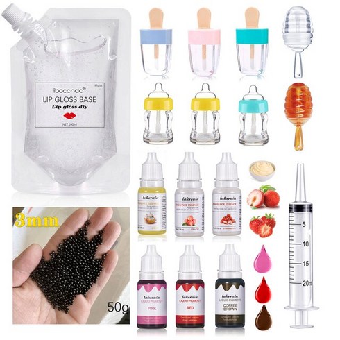 입술볼륨 립글로즈 입술문신 발색좋은립스틱 립글로스 Diy 보바 버블 티 모이스춰 라이징 재료 키트 컨테이너 튜브 향료 오일 액체 안료 01 as shown, 1세트, 립글로스베이스+보바 장식+다양한립슬로스튜브+주사기+향료오일+액체안료