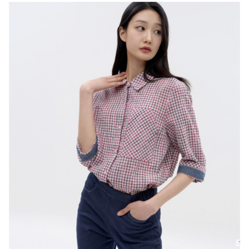 [지센창원]여성 체크 소매 롤업 셔츠 2색 LCWSN430