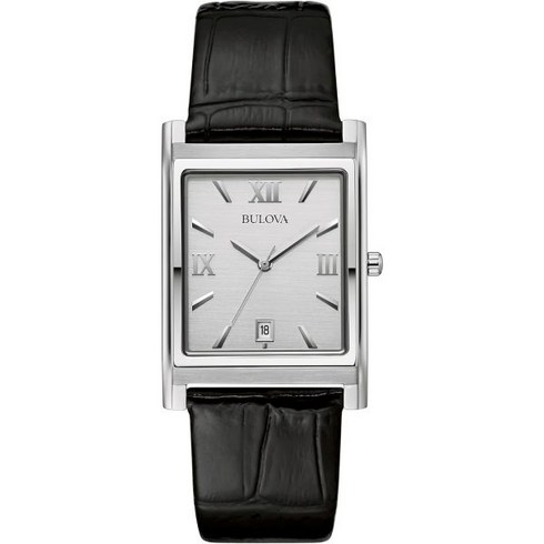 부로바 Bulova 남성용 스테인리스 스틸 3핸드 캘린더 쿼츠 시계 블랙 가죽 스트랩
