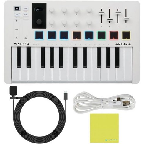 가상악기 - 미디건반 가상악기 전자키보드 컨트롤러 Arturia MiniLab 3 Mini Hybrid 키보드 USB Lavalier 마이크 케이블 및 액체 오디오 연마 천 뮤직 스튜디오, w/ USB-C Lav