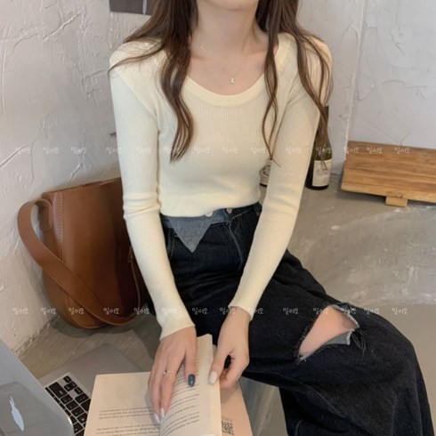 2023년 가성비 최고 골지니트티 - 여성 베이직 스판 골지 라운드 니트 긴팔