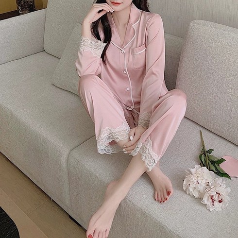 HAM여성 레이스 파자마 긴팔 실크 잠옷 세트