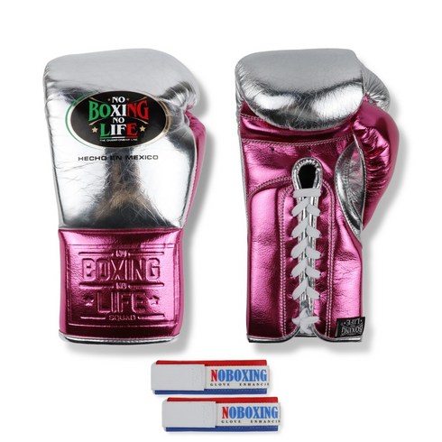 NoBoxingNoLife 소가죽 복싱 글러브 킥복싱 무에타이 격투기 권투 장갑, 14온스, 실버+로즈 레드