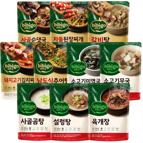 비비고육개장 - 비비고 국 탕 찌개 10종세트 (순댓국+차돌된장찌개+돼지고기김치찌개+추어탕+설렁탕+소고기미역국+소고기무국+육개장+갈비탕+사골곰탕), 10개, 500g