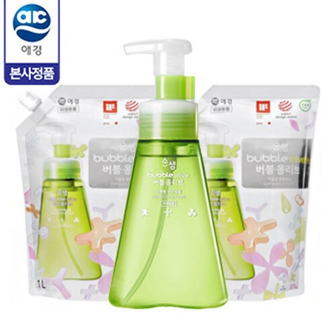 애경 [순샘] 버블 올리브 용기 350ml 1개 + 리필 1L 2개 (총 3개), 단품없음