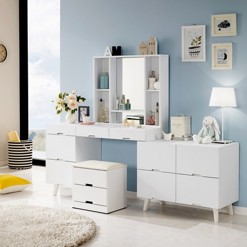 퍼니아트 마야 수납형 화장대+거울+의자 세트, 화이트