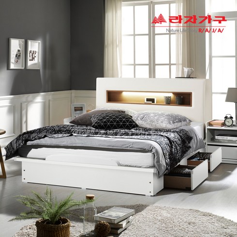라자가구 BEST 크림슨 아이크 LED 조명 침대 + 9존 독립매트리스 서랍 슈퍼싱글침대 퀸침대, 02.아이크LED 서랍침대_Q_화이트, 채움9S 라텍스9존독립매트리스