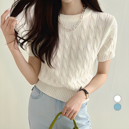 세컨그라운드 여성용 꽈배기 라운드넥 반팔 니트