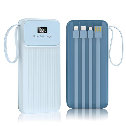 THOUSTA 일체형 보조배터리 10000mAh 22.5W PD QC3.0 초고속충전 4개 케이블 내장됨, 블루