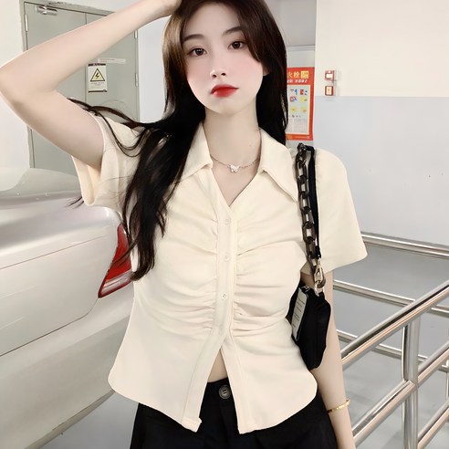 엘쏘 여성용 카라 셔링 포인트 반팔 티셔츠