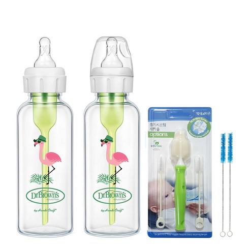 닥터브라운 플라밍고 데코 내로우넥 유리 젖병 250ml 2p + 통기시스템 전용솔, 혼합색상