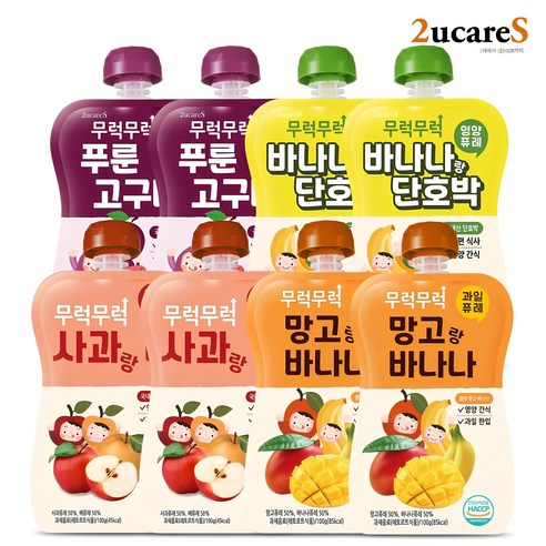 무럭무럭 키즈죽 과일퓨레 알뜰 8팩 (사과배 망고바나나 바나나단호박 푸룬고구마 각 2팩), 8개, 100g