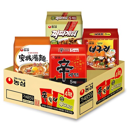 농심 인기 라면 세트: 신라면 120g x 5p + 안성탕면 125g x 5p + 얼큰 너구리 120g x 5p + 짜파게티 140g x 5p (총 20개)