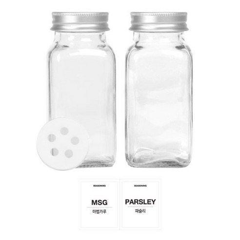 홈앤라이프 유리 양념통 사각 전용캡 180g x 2p 세트, 1세트, 양념통 사각 2p + 투명스티커 (마법가루 + 파슬리)
