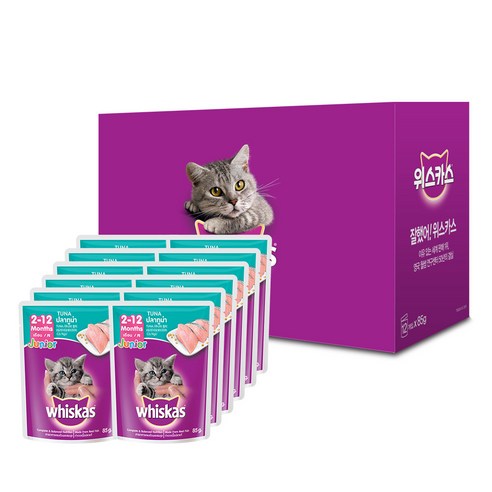 위스카스 고양이 주식 파우치 주니어 참치, 85g, 12팩