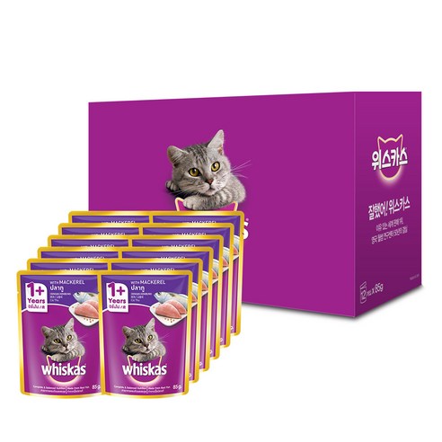 위스카스 어덜트 고양이 습식사료 파우치 고등어, 정어리, 85g, 12개