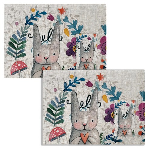 하늬통상 토끼 디자인 린넨 식탁매트 2p, 보라꽃토끼, 42 x 32 cm