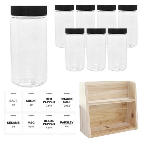 병도매닷컴 투명원형 PET 양념통세트, 1세트, 투명원형PET양념 350ml x 8p + 검정캡 8p + 라벨스티커 8p + 오픈 2단 선반
