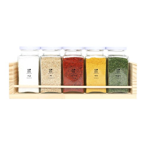 핸드팩토리 양념통 우드선반 세트, 1세트, 양념통 사각 라지 화이트캡 5p + 1단 우드선반 대 + 쿠킹타임 라벨