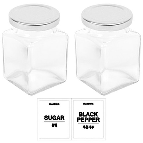 홈앤라이프 유리 양념통 사각 실버캡 2p + 투명스티커 2p 세트, 1세트, 양념통 사각 200g 2p + 뚜껑 + 투명스티커 2p(설탕 + 후춧가루)