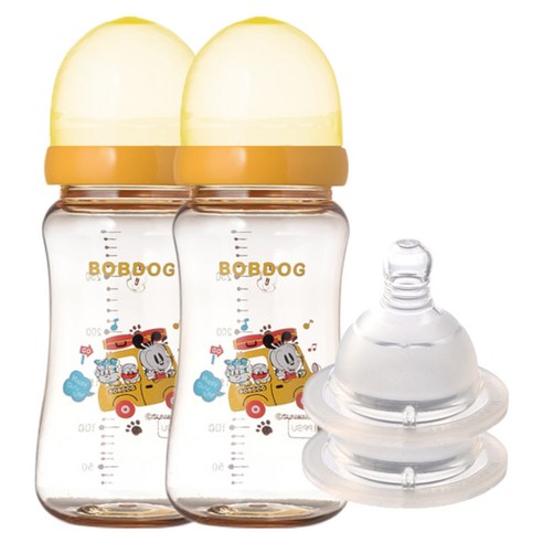 리틀밥독 PPSU 유꼭지젖병 트윈팩 300ml 젖꼭지 2개입, 4단계(6개월)이상, 옐로우