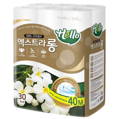 헬로 3겹 엑스트라롱 천연펄프 화장지 40m, 30롤, 1팩