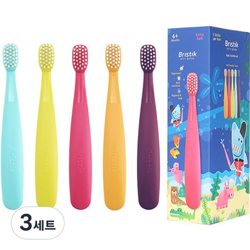 브리스틱 에르고 유아칫솔 세트, 민트,라임,그레이프,망고,라즈베리, 5개입, 3세트