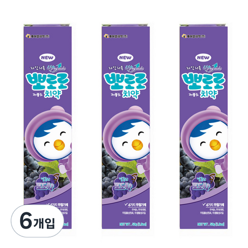 뽀로로 저불소 치약 포도향, 50g, 6개