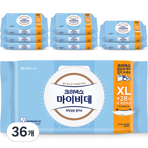 크리넥스 마이비데 클린케어 엑스라지 화장실용 물티슈 캡형, 40개입, 36개