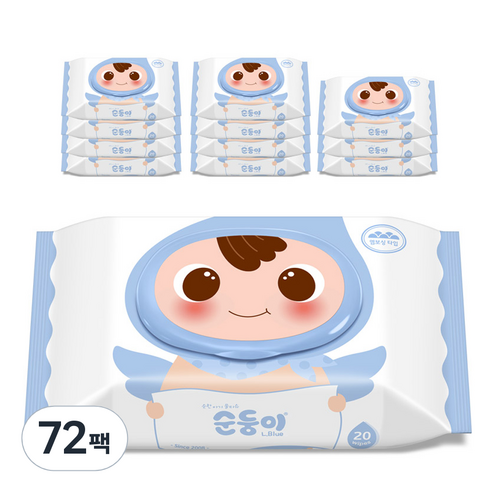 순둥이 유아용 오리지널 플러스 엘블루 휴대 물티슈 캡형 75평량, 75g, 20매, 72팩