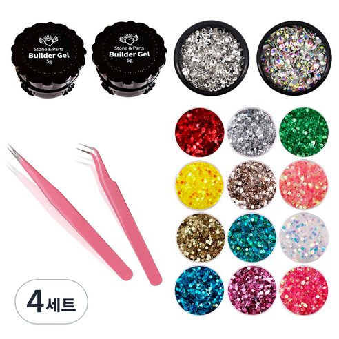 메이브라운 젤네일 세트 M MSET021, 빌더젤2개 + 고급핀셋 2종 + 네일스톤 2종 + 글리터 12종, 4세트