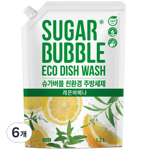 슈가버블 친환경 레몬버베나 주방세제 리필, 6개, 1.2L
