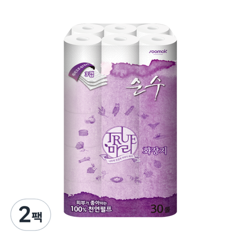 수목제지 트루마리 순수 3겹데코 화장지 18m, 30롤, 2팩