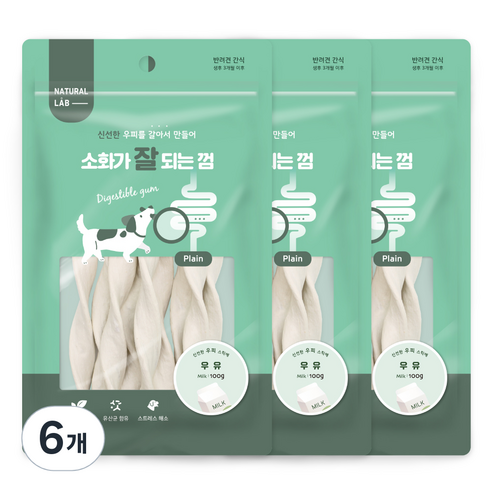 내츄럴랩 소화가 잘되는 껌 강아지 간식, 우유맛, 100g, 6개