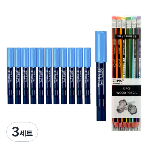 동아 제트스틱2 타원형 12p + 투코비 삼각 지우개 연필 SG-208 12p 세트, 하늘(제트스틱), 혼합색상(지우개연필), 3세트