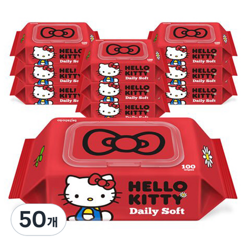 ITC 헬로키티 데일리소프트 물티슈 캡형, 100매입, 50개, 50g