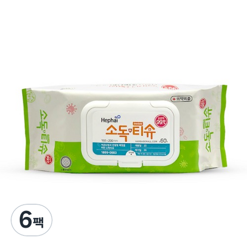 헤파이 소독 물티슈 캡형, 60매, 6팩