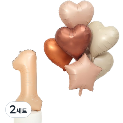 피앤비유니티 브라운 숫자 1 풍선 + 하트 별 풍선 6종 세트, 베이지, 2세트