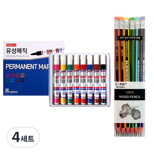 동아 슬림유성매직 8종 + 투코비 삼각 지우개 연필 SG-208 12p 세트, 혼합색상, 4세트