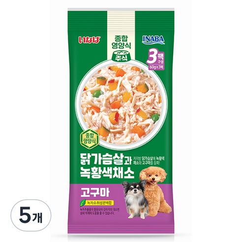 이나바 강아지 닭가슴살과 녹황색채소 파우치 QDR-141, 180g, 5개, 혼합맛(닭가슴살/채소/고구마)