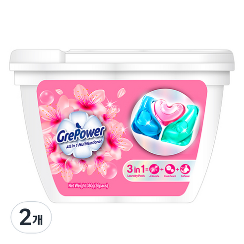 그리파워 3in1 캡슐세제 체리 블로섬 향 360g, 2개, 36개입