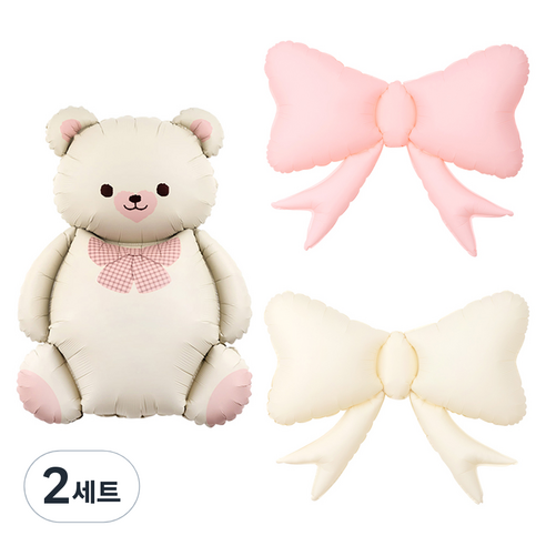 조이파티 은박풍선 리본곰돌이 + 리본풍선 2종 세트, 크림(리본곰돌이), 핑크(리본풍선), 크림(리본풍선), 2세트