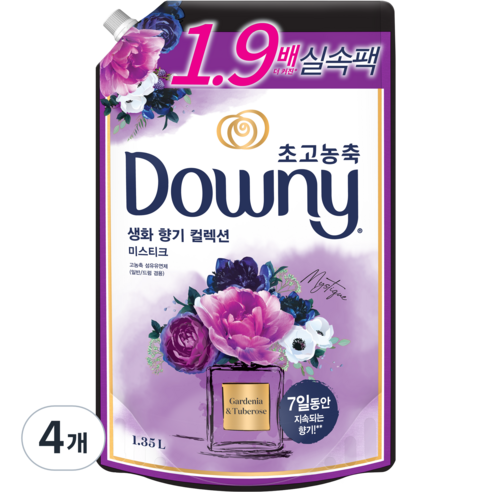 다우니 초고농축 생화향기 미스티크 리필, 1.35L, 4개